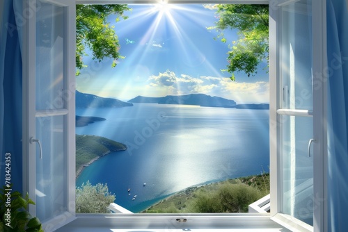 A window view of a lake with a boat in the water