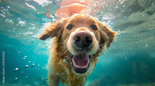 A dog is swimming in the ocean and is smiling. Summer heat concept, backdrop
