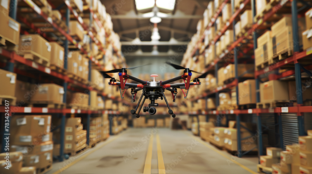 High-tech Drone navigating through a warehouse with organized shelves ...