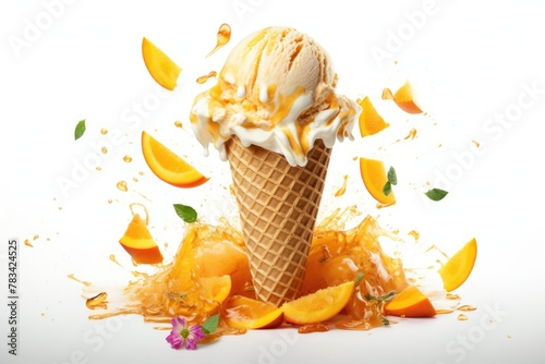 yellow ice cream with mango pieces. White background. waffle cone. summer. food. dessert