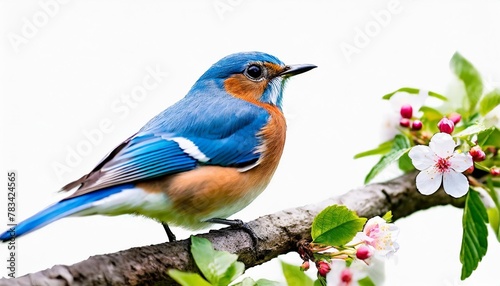 watercolor illustration of beautiful blue bird bluetail sitting on a twig with small flowers isolated on white background