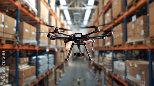 Autonomous High-tech drone performing inventory in a large distribution center.