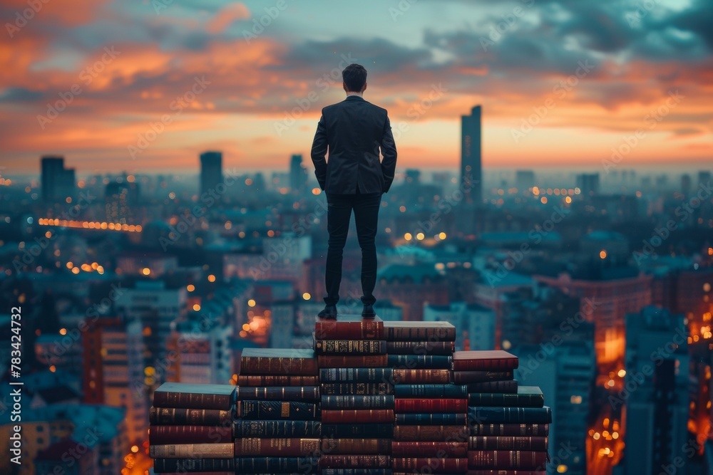 A man stands on a stack of books in a city at night A man stands on a stack of books in a city at night