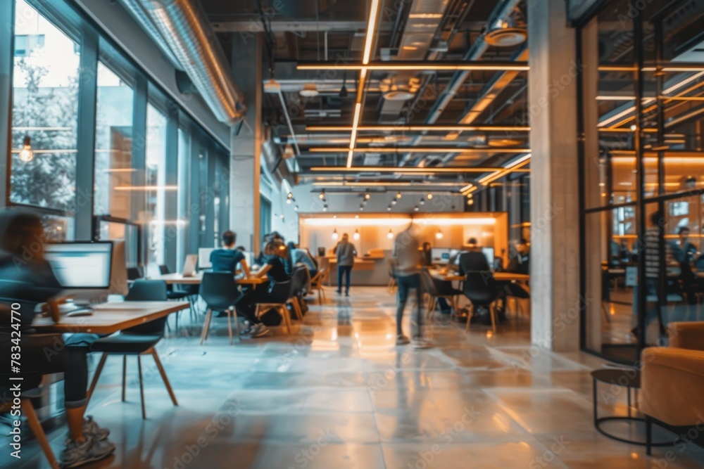 A busy office with people working at desks and chairs. Business concept