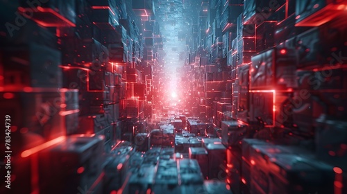 3D Rendered Futuristic Digital Data Tunnel with Central Glowing Light, Symbolizing Advanced Cybersecurity © Agus Wira
