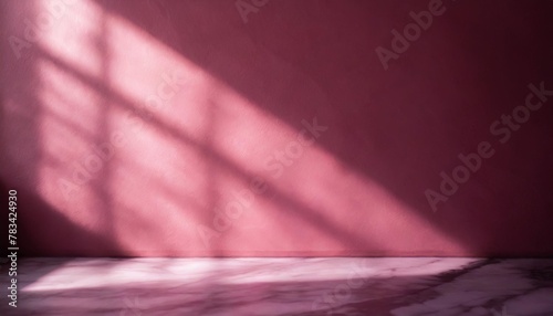blurred light shadow from window on the light pink marble wall with room floor minimal abstract background for product presentation © Aedan