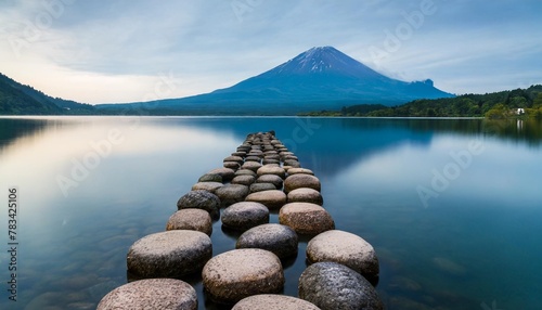 an image of a calm lake with aligned stones leading to a mountain in the background