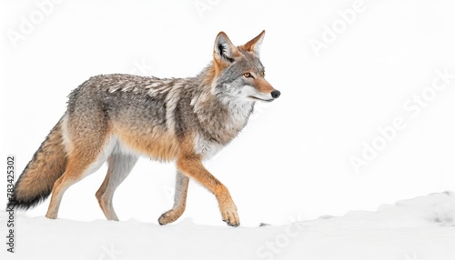 a lone coyote canis latrans isolated on white background walking and hunting in the winter snow