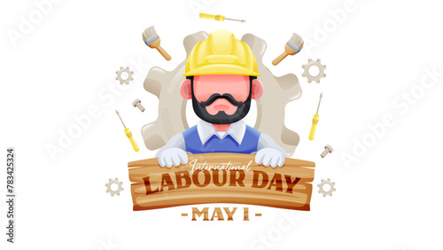 International Labour Day Banner With Worker Holding Wooden Sign and Tools Illustration