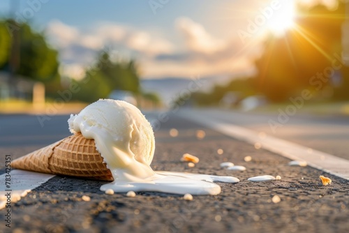 Fallen ice cream on the road. Ice cream melts on the asphalt. Heat stroke concept. Hot summer and accident. Background photo