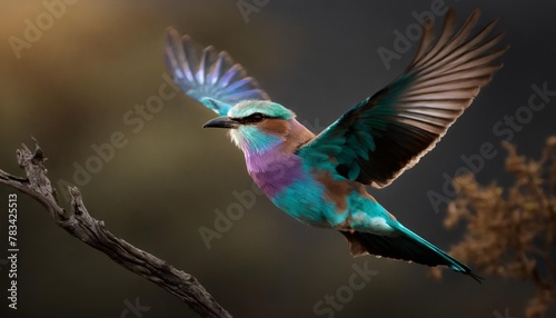 lilac breasted roller coracias caudatus flying away in kruger national park in south africa