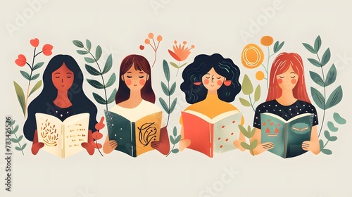 Books lover club vector template with different young woman reading books.  photo