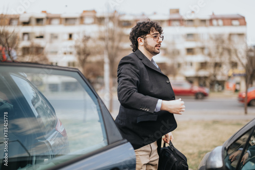 A well-dressed young businessman with curly hair opens a car door, ready for a commute in an urban setting. © qunica.com