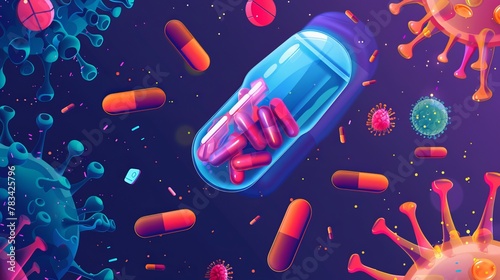 A vector poster banner template featuring probiotics in capsule form, depicted in a clean and professional design. This illustration highlights the importance of probiotics for gut health and overall  #783425796