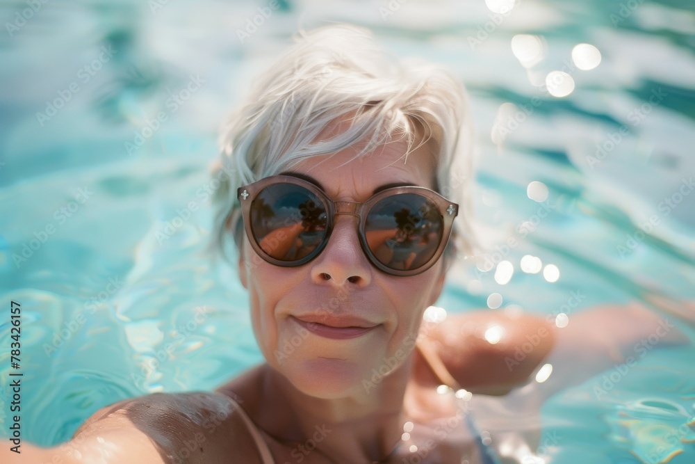 Old woman swimming and chilling or cooling off on summer vacation in a travel. Background with selective focus