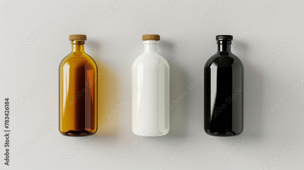 Vector illustration showcasing mockups of black, white, and amber bottles isolated on a white background. Versatile mockups can be used for various purposes such as medical, cosmetic, or food products Vector illustration showcasing mockups of black, white, and amber bottles isolated on a white background. Versatile mockups can be used for various purposes such as medical, cosmetic, or food products