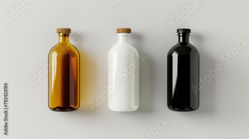 Vector illustration showcasing mockups of black, white, and amber bottles isolated on a white background. Versatile mockups can be used for various purposes such as medical, cosmetic, or food products