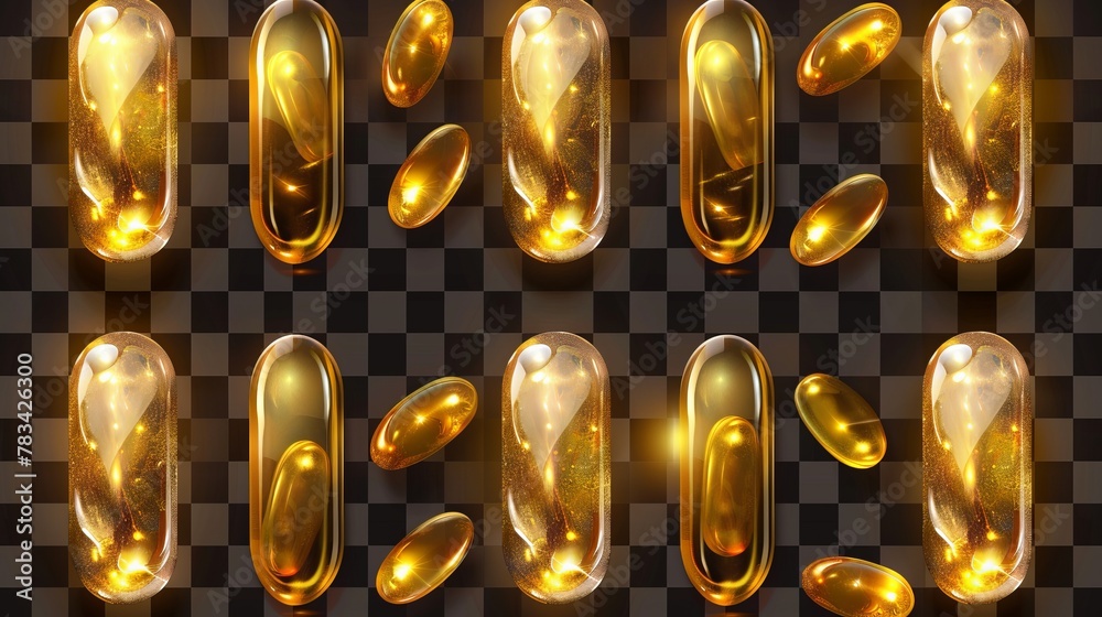 A vector illustration featuring a set of golden oil capsules, including softgels containing fish oil, omega-3, or vitamins E and A