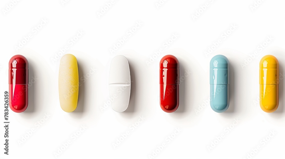 A collection of various pills arranged neatly in a row, isolated against a white background. This image showcases different types of medication or supplements, providing a clear visual representation A collection of various pills arranged neatly in a row, isolated against a white background. This image showcases different types of medication or supplements, providing a clear visual representation