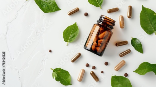 
A top-view horizontal composition featuring capsules of slippery elm spilling out of a brown glass bottle, all against a white background. The concept of herbal supplements and medication photo
