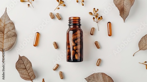 
A top-view horizontal composition featuring capsules of slippery elm spilling out of a brown glass bottle, all against a white background. The concept of herbal supplements and medication photo