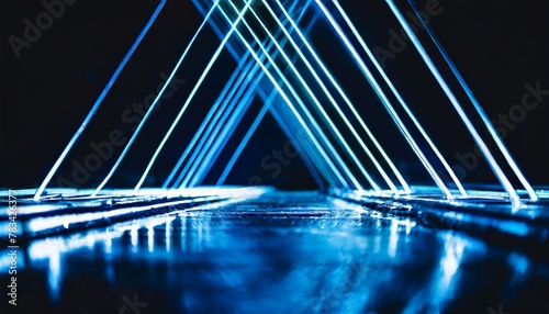 abstract neon blue lines on black background illuminated reflections on ground scene science sci fi and technology concept