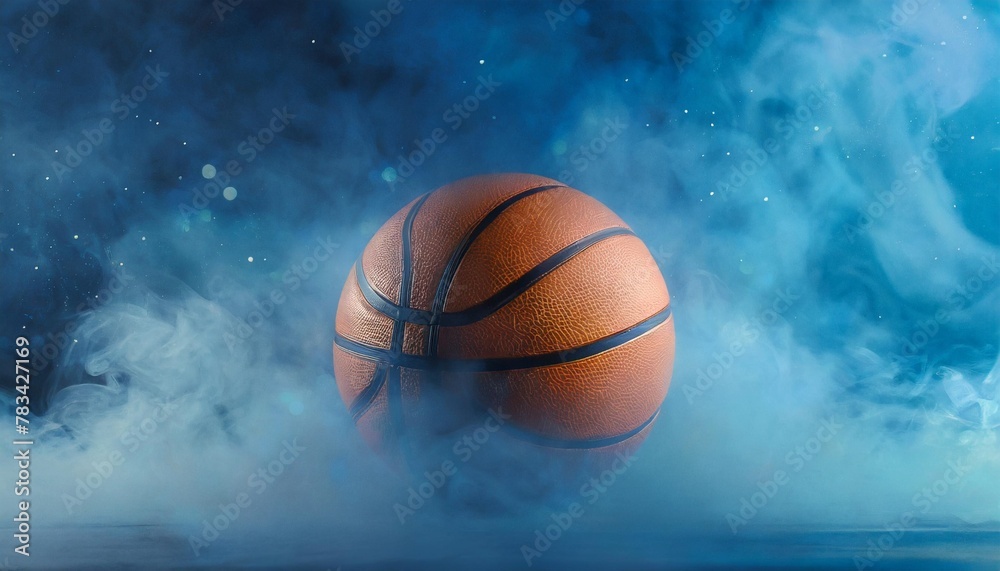 panorama banner with basketball ball in the center on a blue smoke background