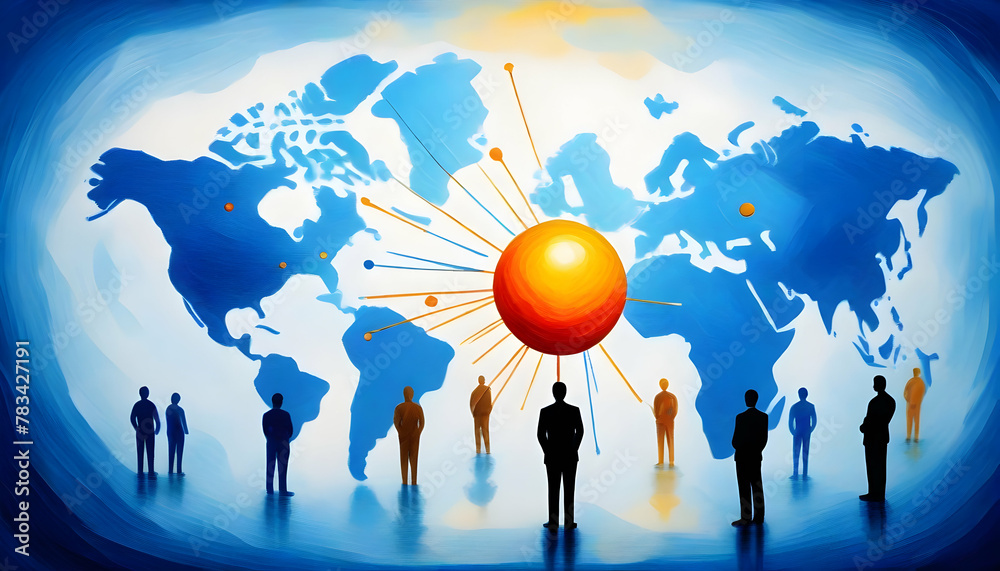Stylized world map with figures and connections, depicting global ...