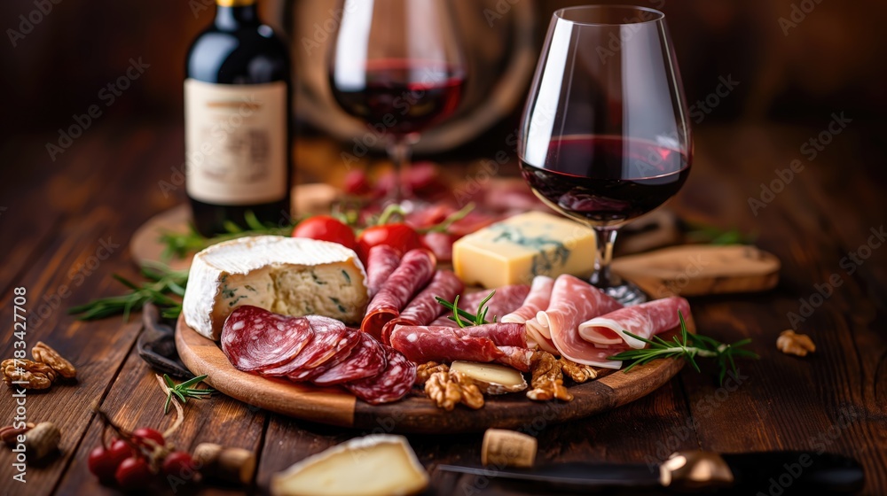 Wine, cheese and salami on a wooden board with red wine