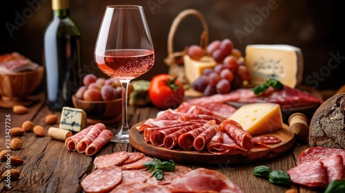 Selection of italian antipasti and wine on wooden background