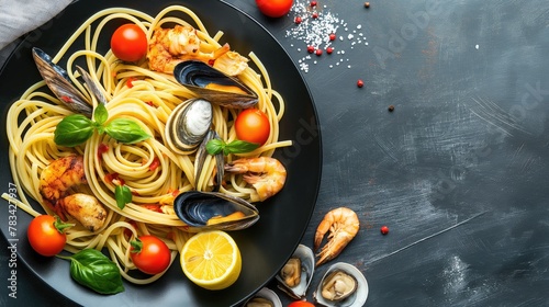 Seafood pasta with shrimps, mussels, clams and tomatoes on black background