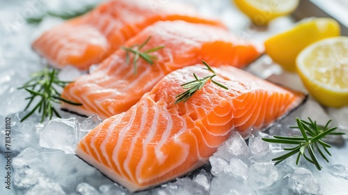 Fresh salmon fillet with rosemary and lemon on ice. Seafood concept.