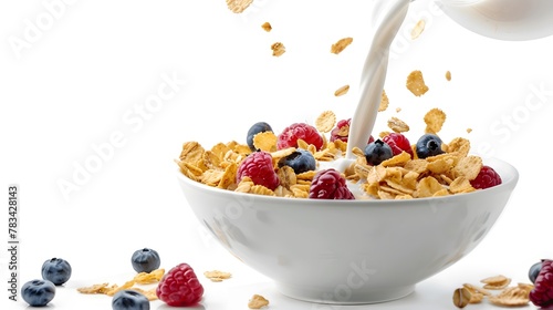 fresh milk or yogurt pouring over a bowl of cereal flakes and berries fruits cold naturiouse breakfast,on white background