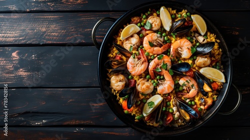 Seafood Spanish paella with shrimps, mussels, prawns and squid in a pan on wooden background with copy space. Traditional Spanish Food photo