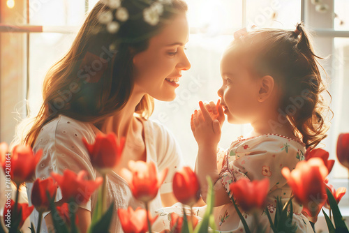 Joyful Mother and Daughter Enjoying a Sunny Day with Flowers