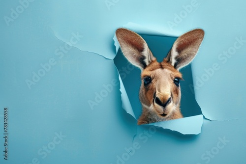 Kangaroo peeking through a torn blue paper wall.