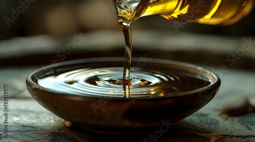 Olive oil is poured from a bottle into a bowl 