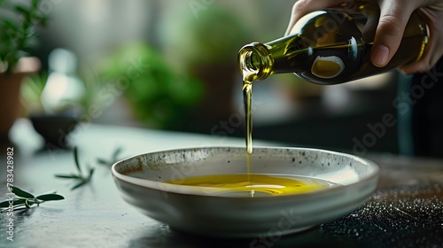 Olive oil is poured from a bottle into a bowl 