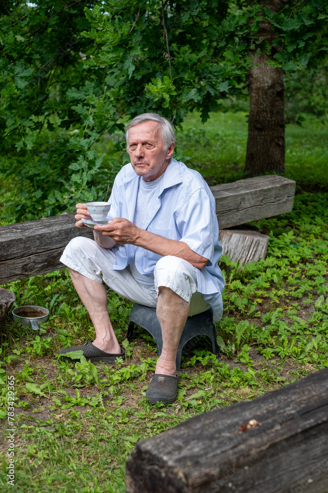 Obraz premium Contemplative elderly gentleman enjoying a quiet tea break in a verdant garden setting a moment of bucolic tranquility, and peaceful retirement.
