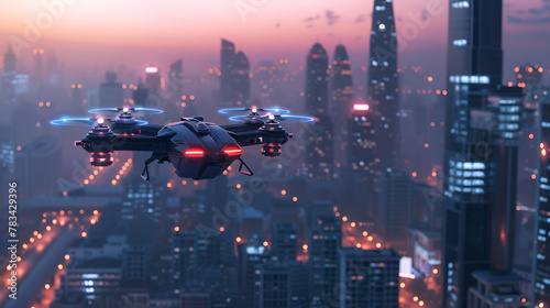 High-tech UAV patrolling urban skyline at dusk, cityscape monitoring.