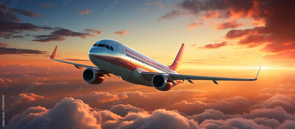 An airplane flying above the dramatic clouds at sunset. Transportation flight background, for templates and banners. - obrazy, fototapety, plakaty 