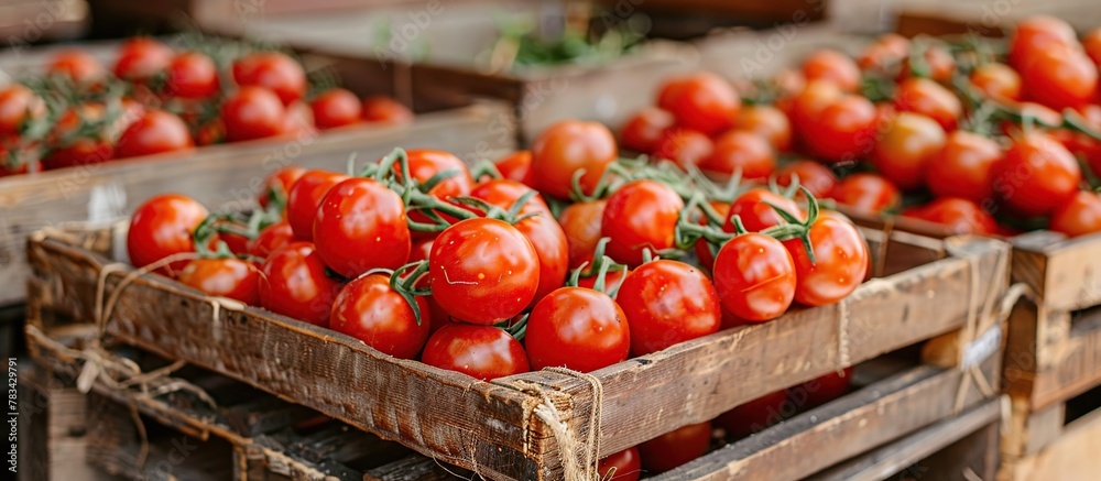 Delicious pile of ripe red tomatoes in a wooden box. Fresh tomatoes, harvest concept, It can be used as background