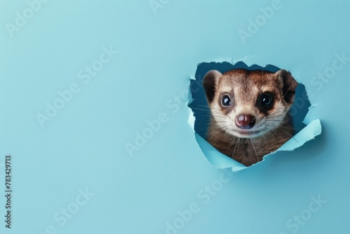 A mongoose looks through a torn blue paper hole.