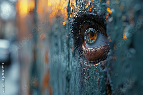 Human eye embedded in a wall from which it watches everything. We are all watched photo