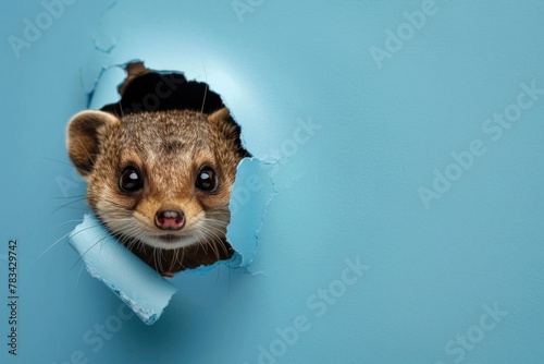 A mongoose looks through a torn blue paper hole. photo