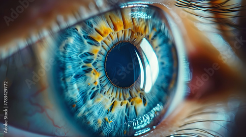 close up of human eye blue iris pupil ultra detailed shiny reflection zoom photo