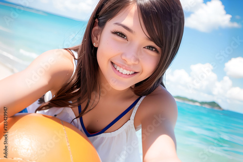 自然豊かな南の島の海岸でビーチボールで遊ぶビキニの女の子　AI生成画像 #783429947