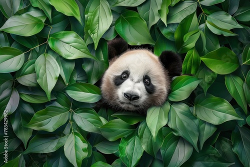 A panda peeks through a hole surrounded by green leaves.