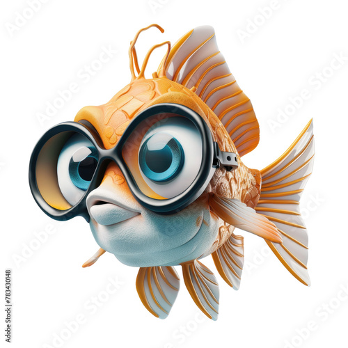 A whimsical cartoon fish wearing goggles on its head and glasses on its face, exploring an underwater world in an aquarium with a playful touch