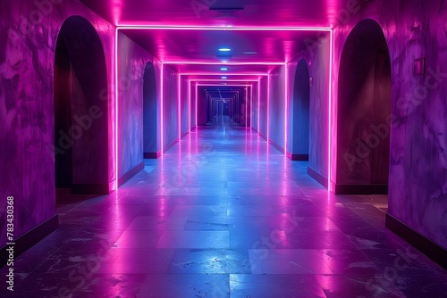 Futuristic Neon-Lit Corridor with Vibrant Purple Hues. Concept Futuristic Setting, Neon Lights, Corridor Photography, Vibrant Purple Hues